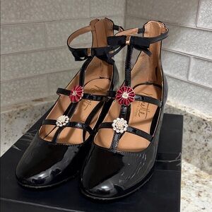 Nanette Lepore Black Patent T-Strap Heels with Red Floral and Pearl Accents